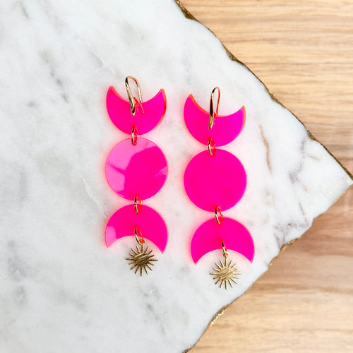 Moon Phase Earrings - Fluorescent Pink