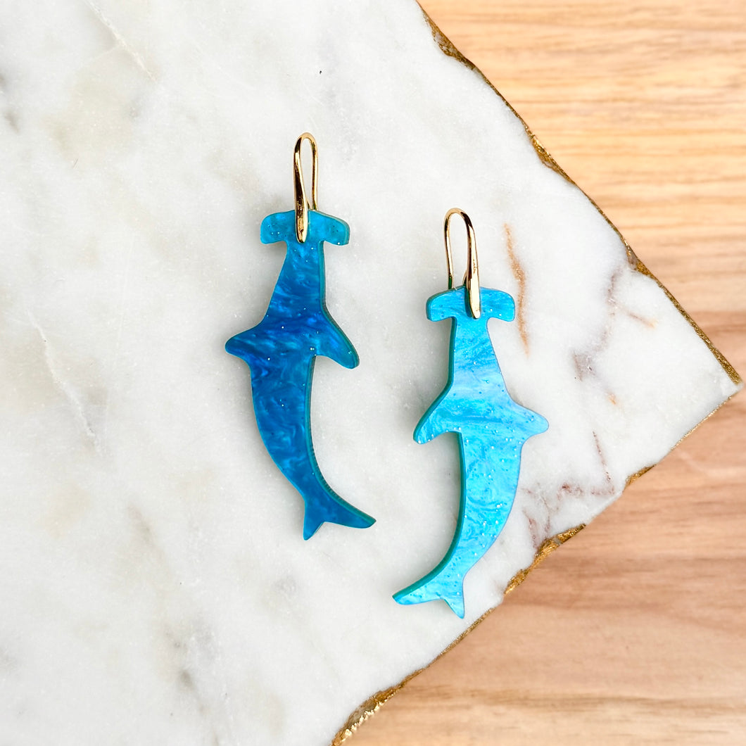 Hammerhead Shark Earrings - Blue Swirly Glitter