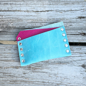Card Wallet - Aqua with Bright Pink