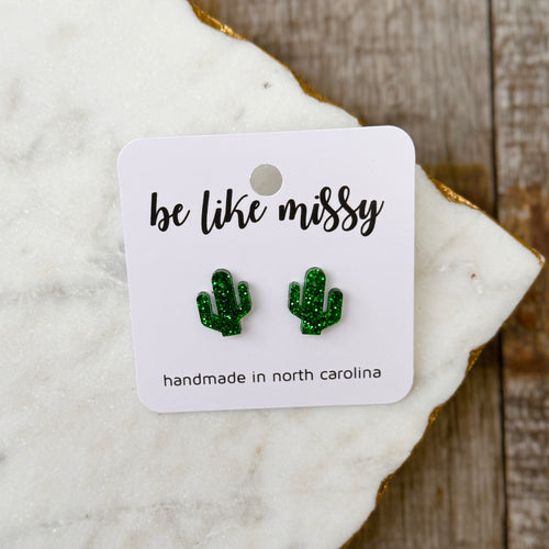 Stud Earrings - Cactus - Green Glitter