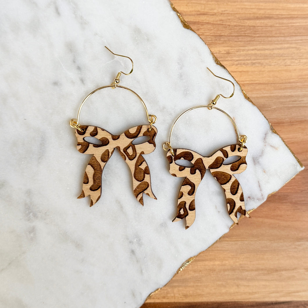 Audrey Bow Remix Hoops - Leopard Print Wooden Earrings