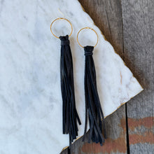 Boho Fringe - Long Black Tassels on Hammered Hoops