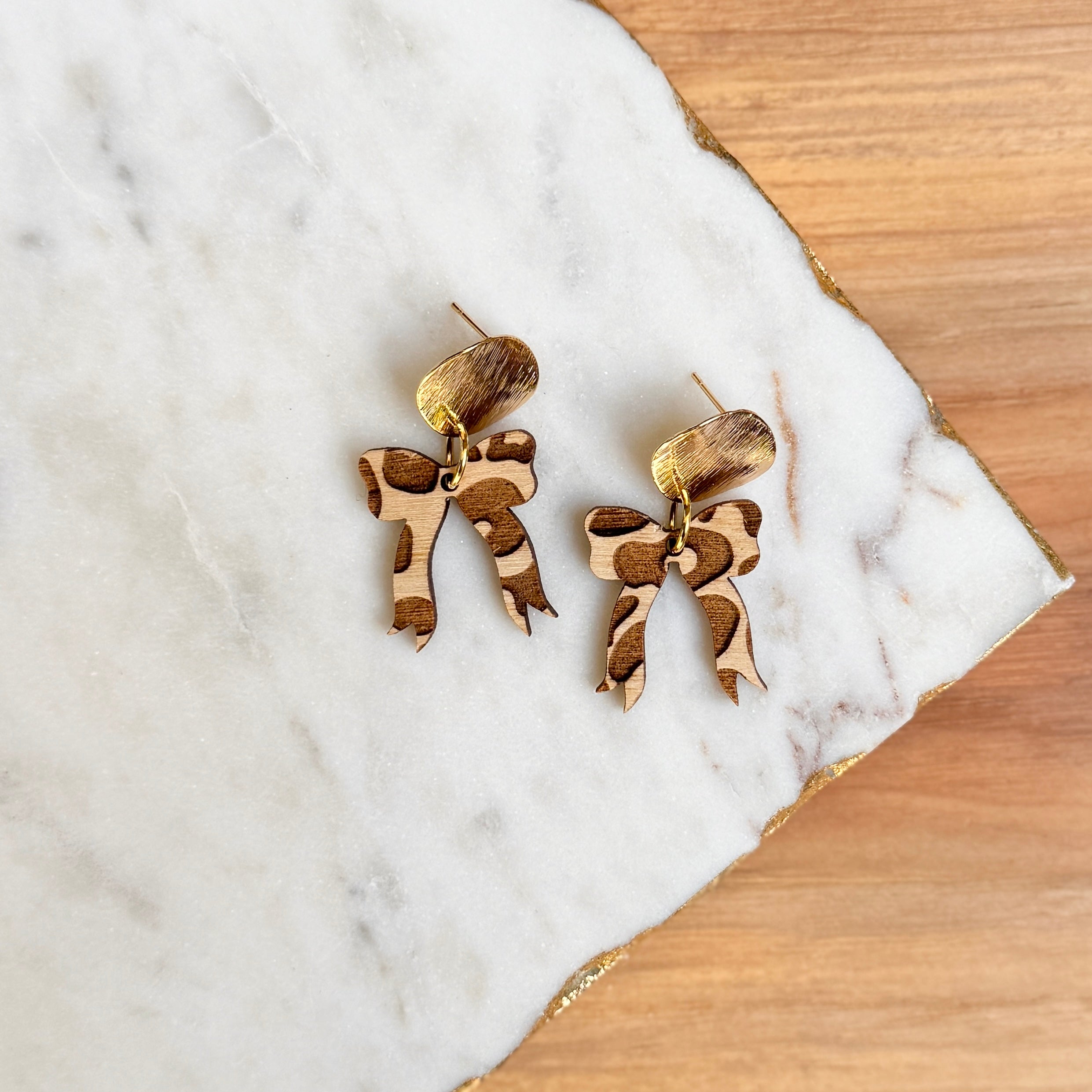 Audrey Bow Drops - Leopard Print Wooden Earrings