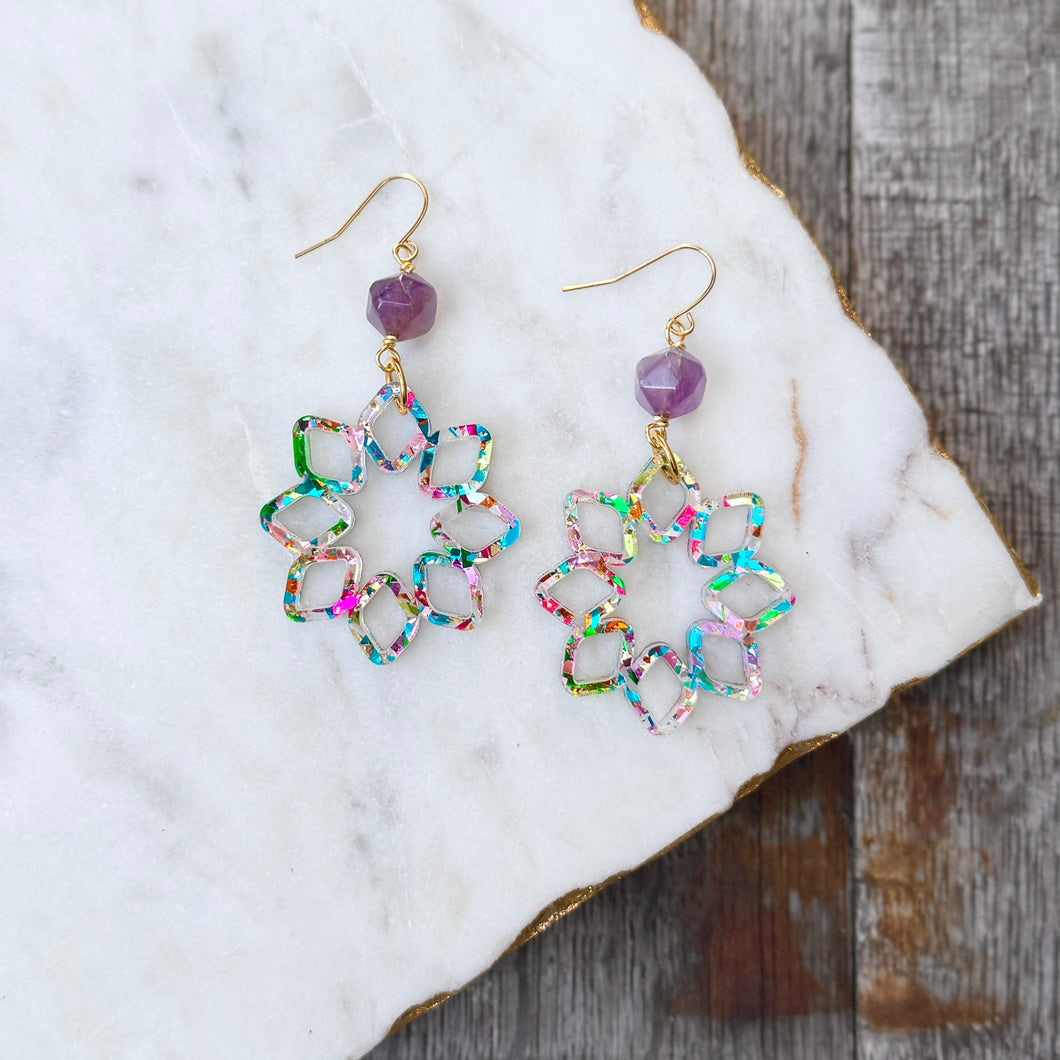 Amethyst Drops with Party Glitter Acrylic Earrings