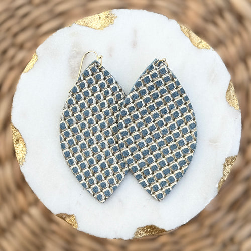 Leaf - Blue + Gold Embossed - Leather Earrings