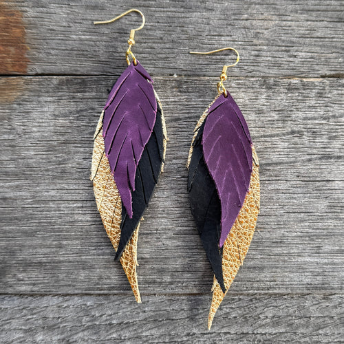 Wings of an Angel - Small - Purple + Black + Gold - Leather Earrings