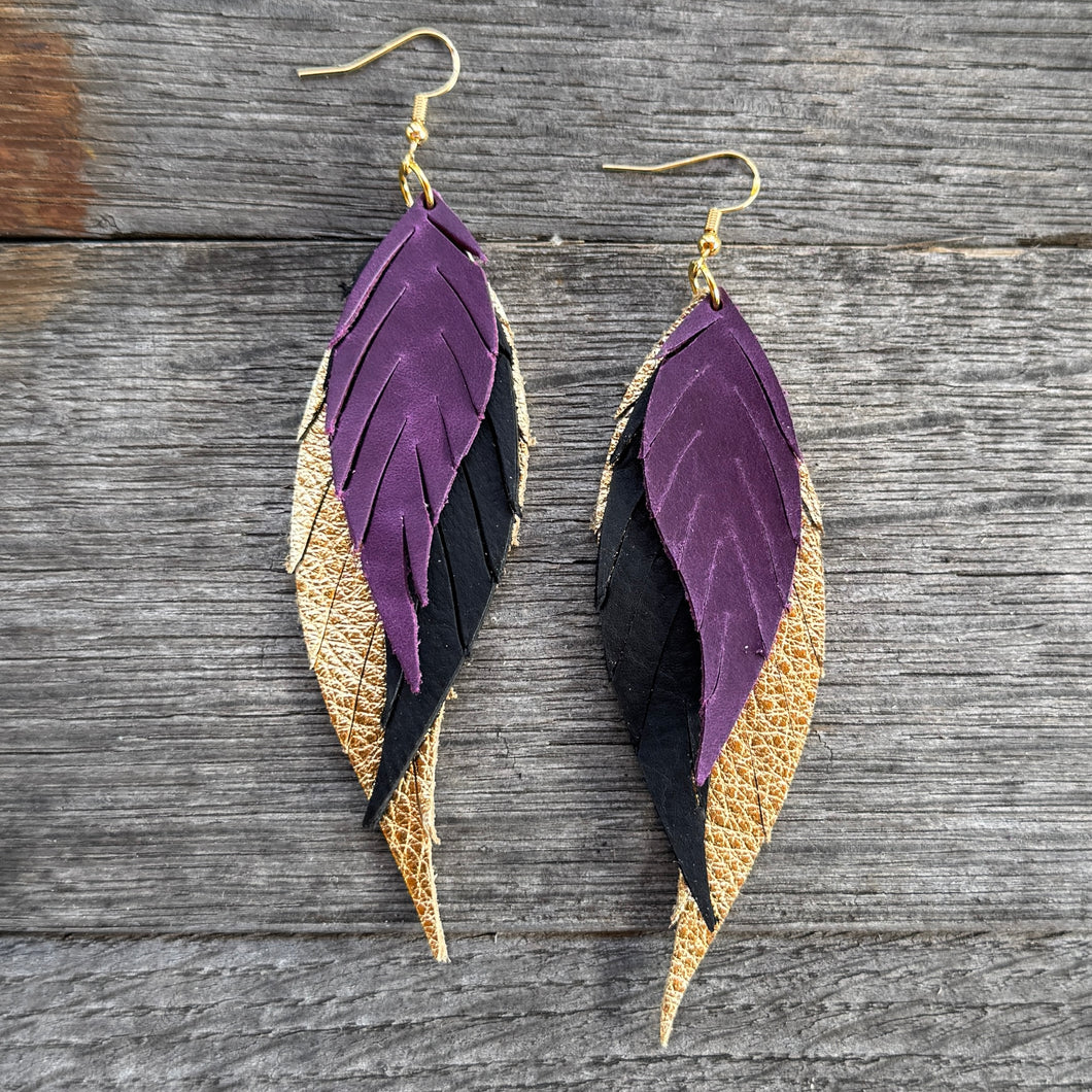 Wings of an Angel - Small - Purple + Black + Gold - Leather Earrings