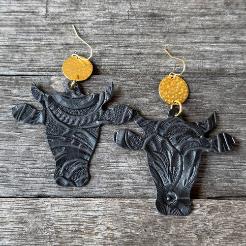 Hank - Cow Earrings - Black Embossed
