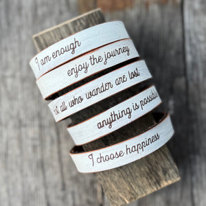 Distressed Leather Mantra Cuffs