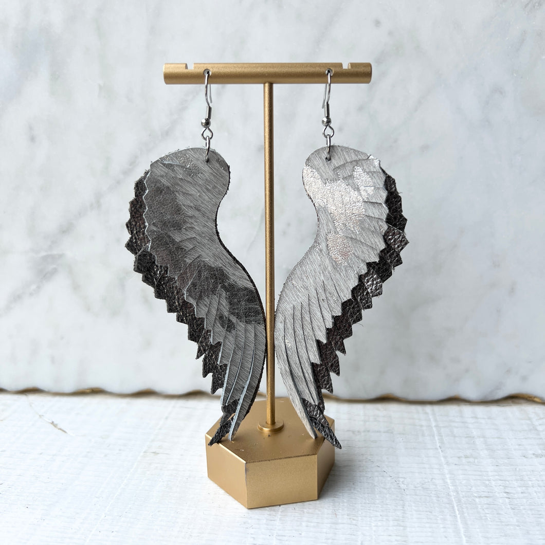 Angelica Angel Wings Silver Leather Statement Earrings
