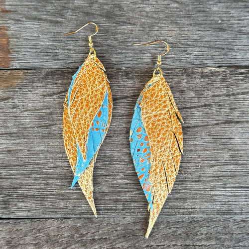 Wings of an Angel - GAMEDAY - Gold + Blue - Leather Earrings