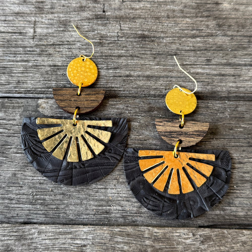 Taylor - Black Embossed - Leather + Brass Statement Earring