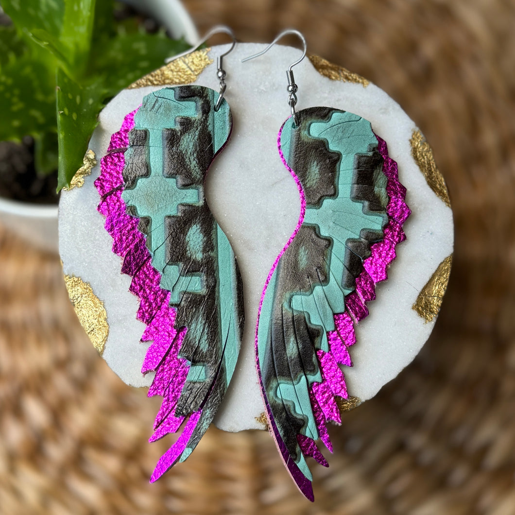 Angelica Angel Wings - Turquoise + Pink - Leather Earrings