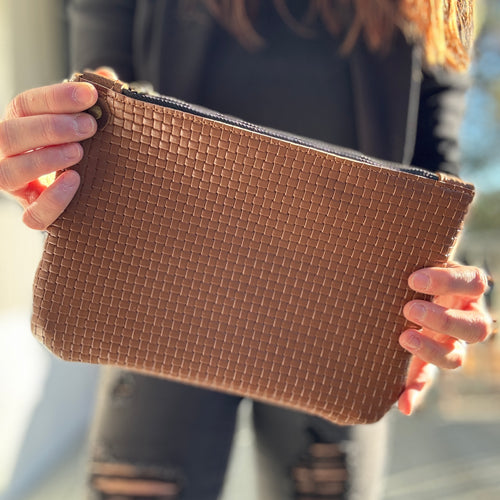 Large Zippered Wristlet - Cognac Basketweave