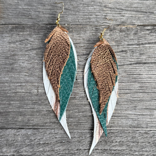Wings of an Angel - Small - Bronze + Teal + Beachwood - Leather Earrings