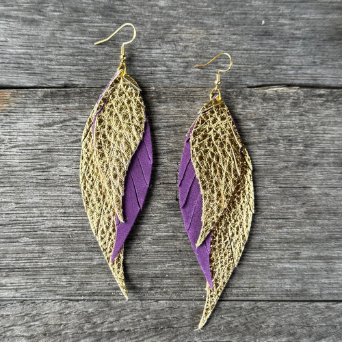 Wings of an Angel - GAMEDAY - Gold + Purple - Leather Earrings