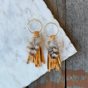 Boho Fringe - Short Camel Tassels with feathers on Hammered Hoops