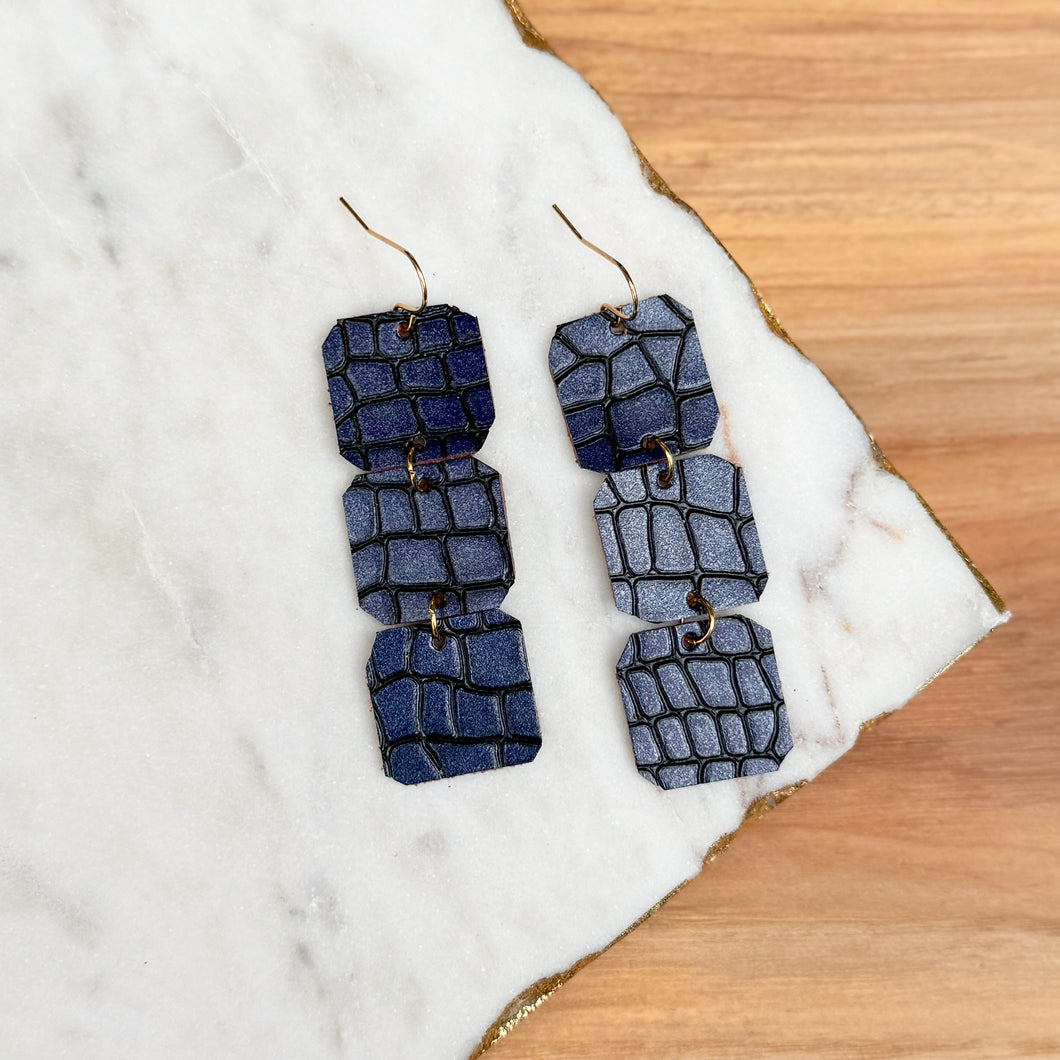 Cascading Squares - Dark Blue Purple Snake - Leather Earrings