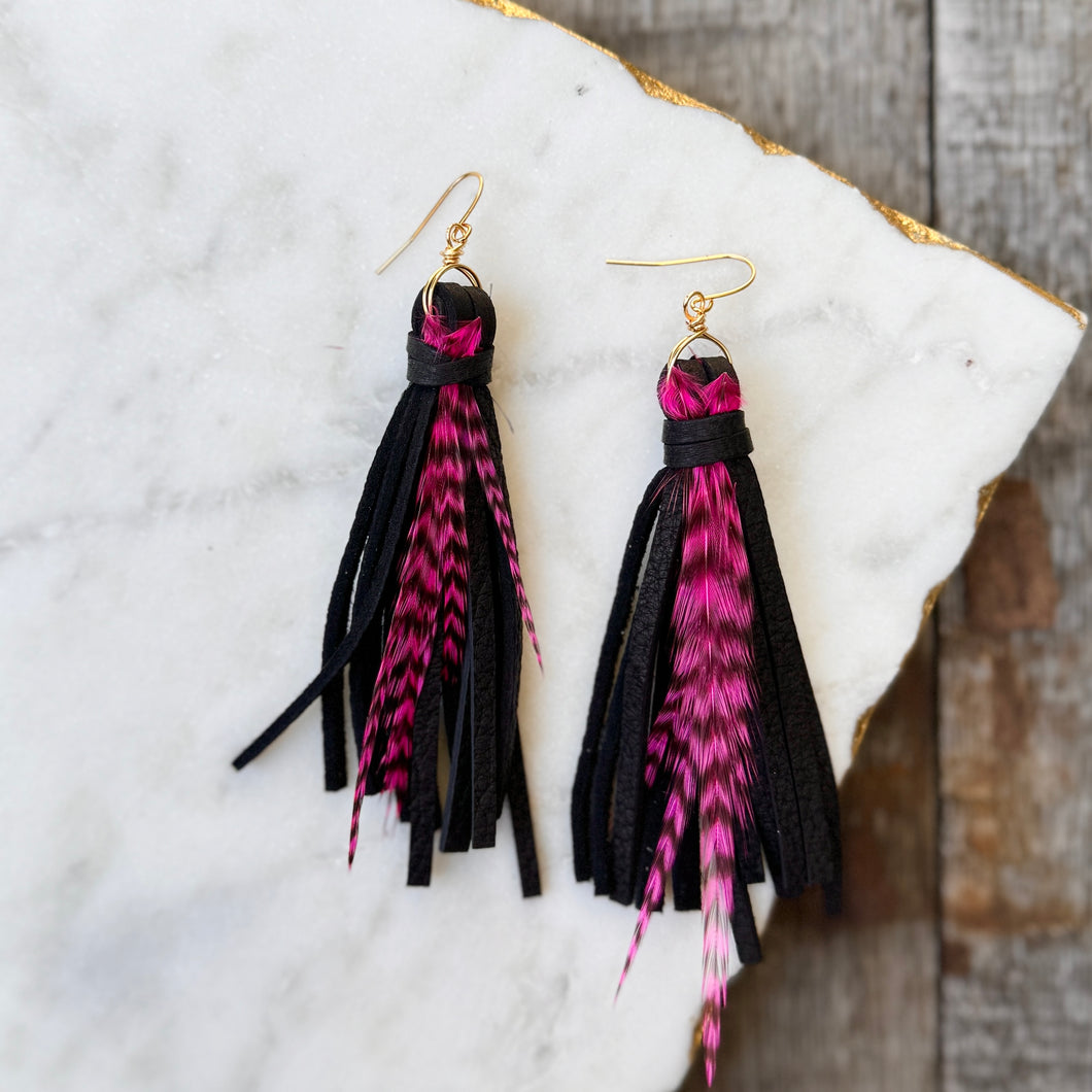 Boho Fringe - Short Black Tassels with Pink Feathers