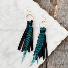Boho Fringe - Short Black on Hammered Hoops with Teal Feathers