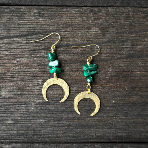 Tiny Moon Drops - Malachite - Brass Earrings