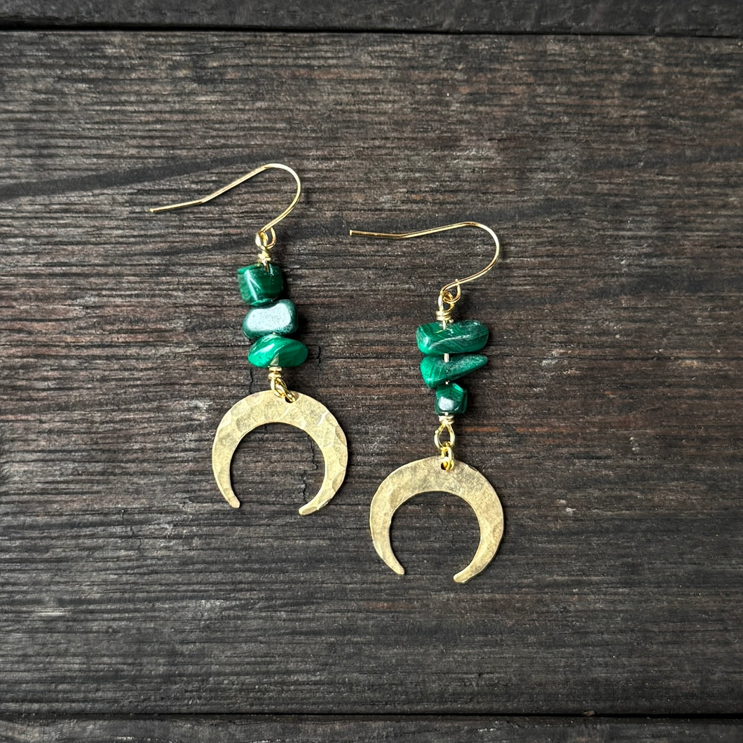 Tiny Moon Drops - Malachite - Brass Earrings