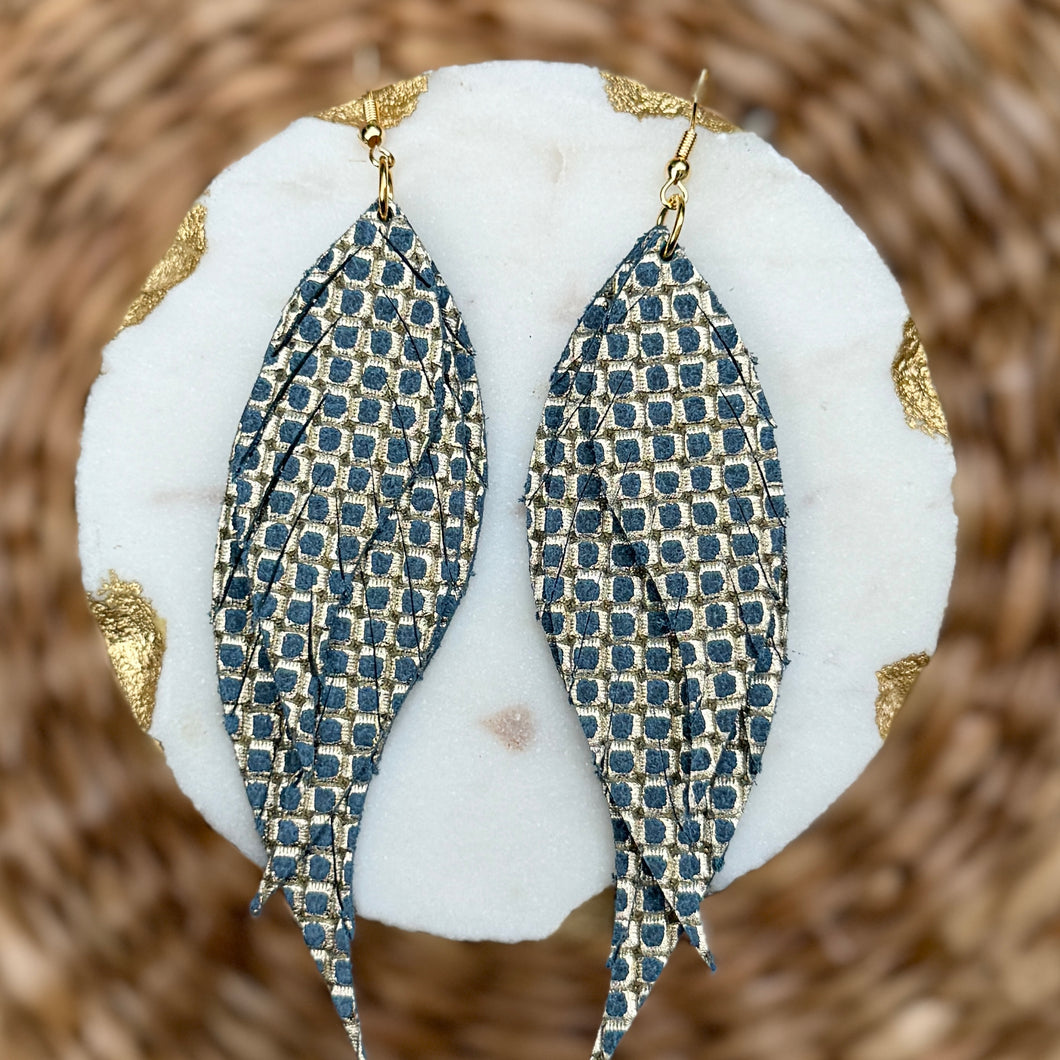 Wings of an Angel - Blue + Gold Embossed - Leather Earrings