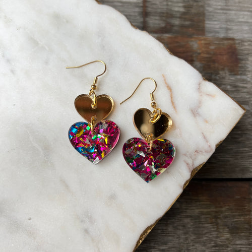 Heart Drops - Gold & Pink Glitter - Acrylic Earrings