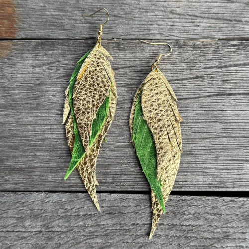 Wings of an Angel - Small - Gold + Green - Leather Earrings