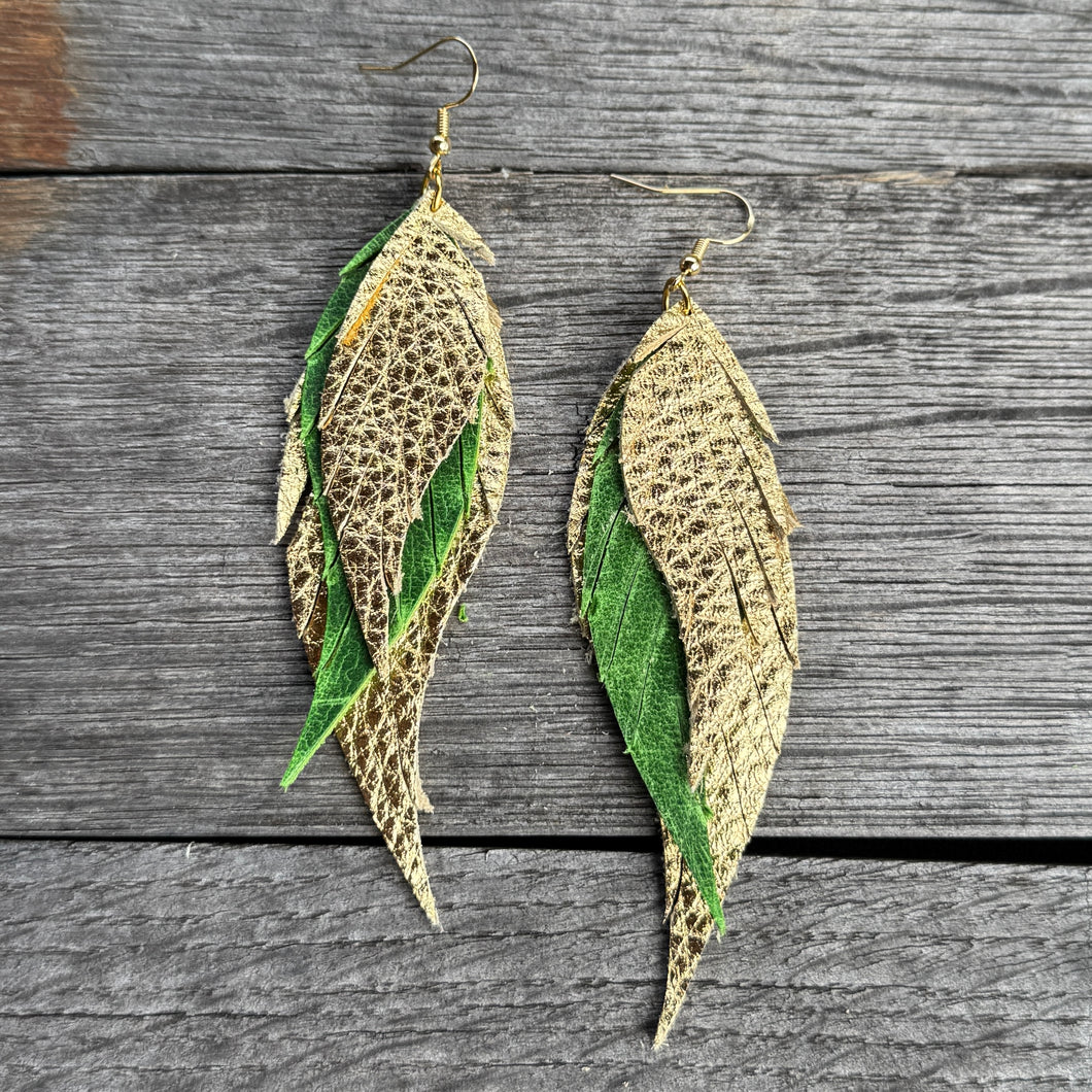 Wings of an Angel - Small - Gold + Green - Leather Earrings