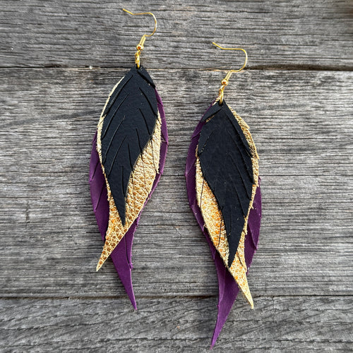 Wings of an Angel - Small - Black + Gold + Purple - Leather Earrings