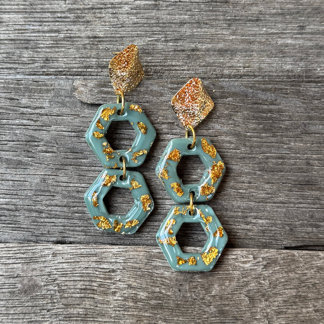 Vivian - Vintage Teal Acrylic + Gold Leaf Earrings