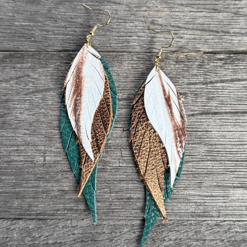 Wings of an Angel - Small - Beachwood + Bronze + Teal - Leather Earrings