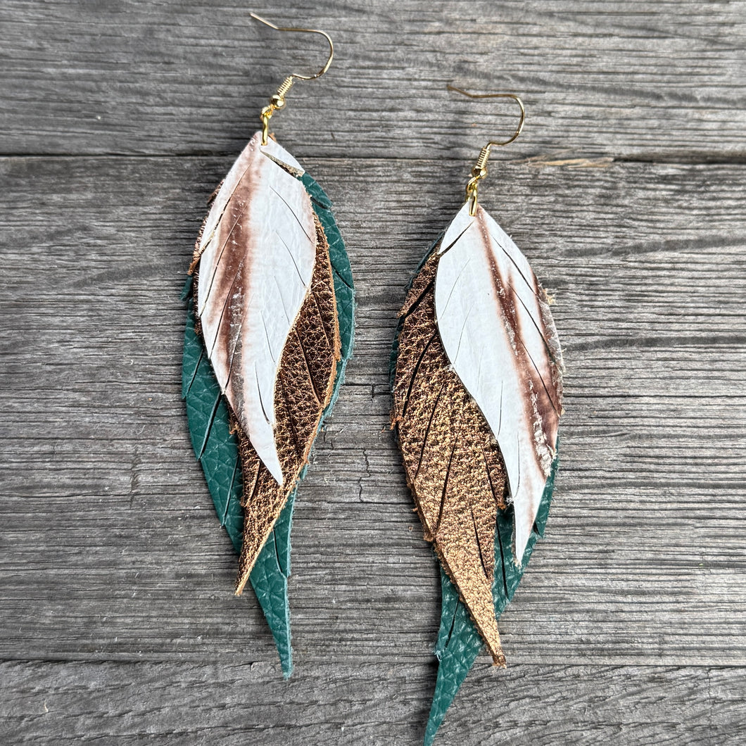 Wings of an Angel - Small - Beachwood + Bronze + Teal - Leather Earrings