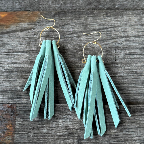 Leather Fringe Hoops - Minty Sage