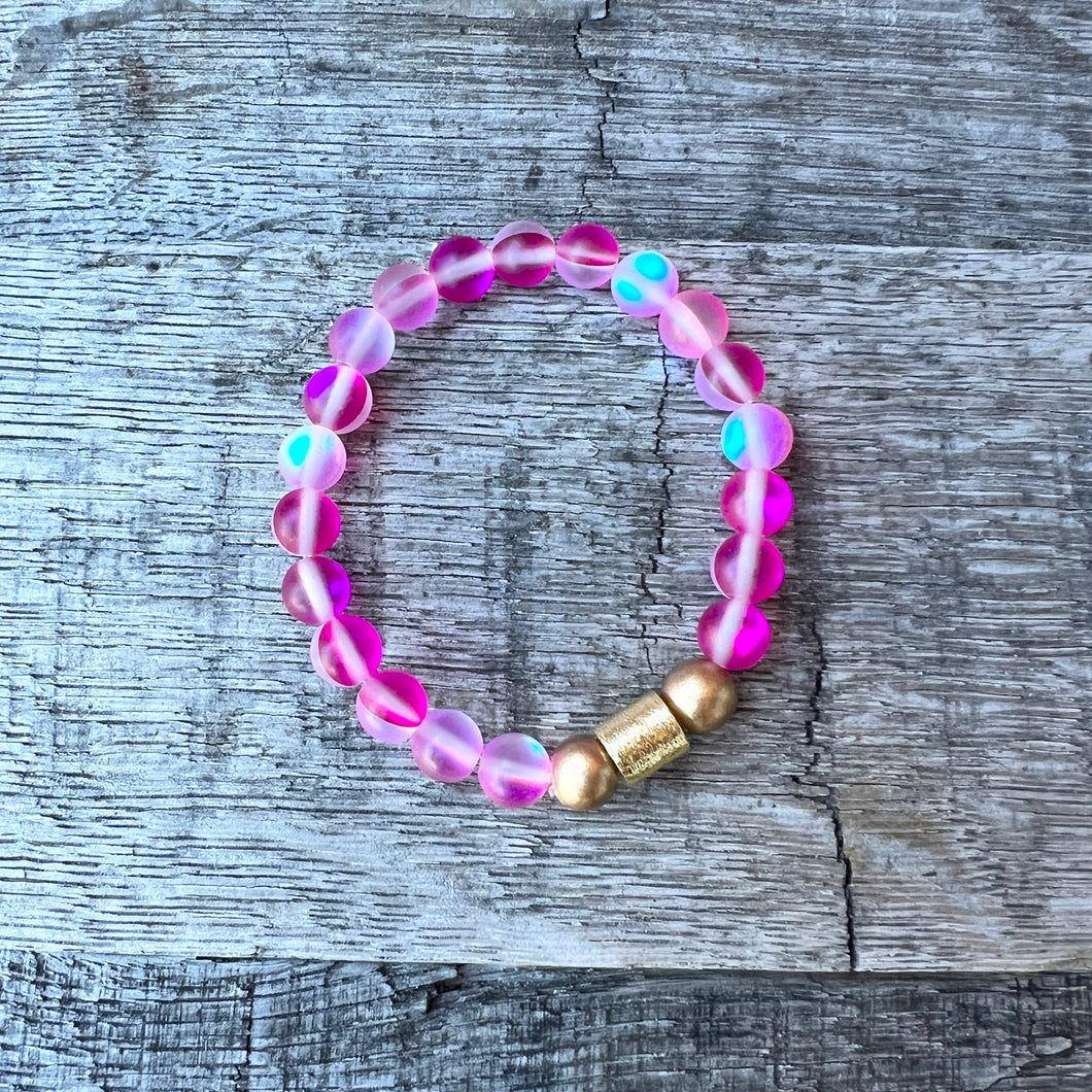 Frosted Pink Glass & Brass Bracelet