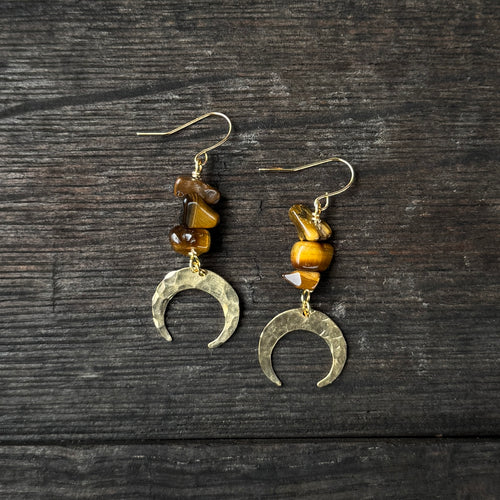 Tiny Moon Drops - Tiger Eye - Brass Earrings