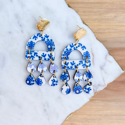 Scarlett - Blue + White - Wooden Earrings