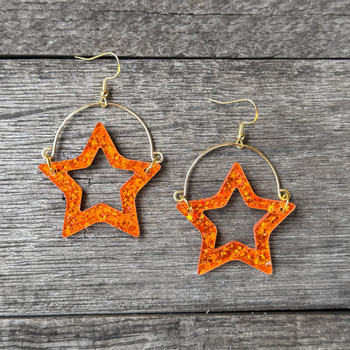ORANGE glitter star remix hoops