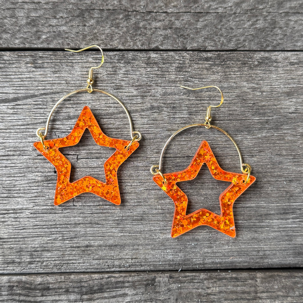 ORANGE glitter star remix hoops