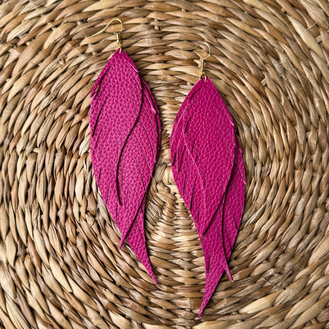 Wings of an Angel - Large - Bright Pink - Leather Earrings