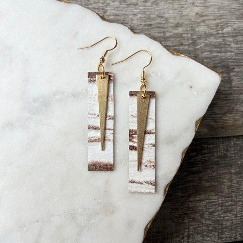 Spike Bars - White Beachwood - Brass & Leather Earrings