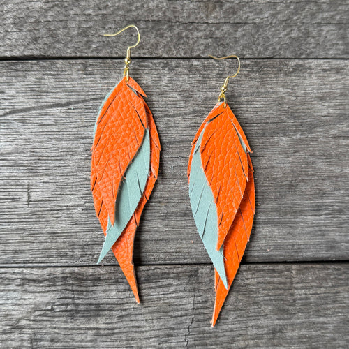 Wings of an Angel - Small - Orange + Minty Sage - Leather Earrings