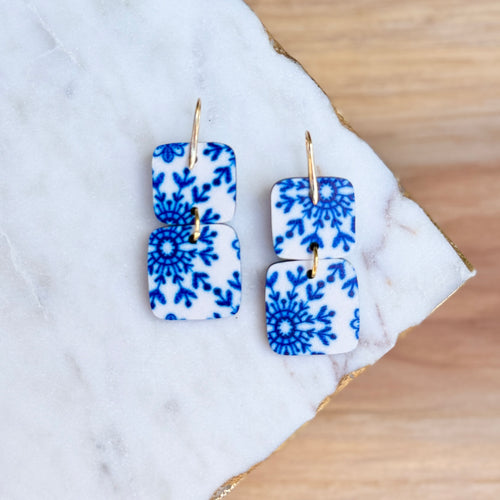 Mini Stacks - Blue + White - Wooden Earrings