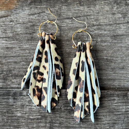 Leather Fringe Hoops - Leopard