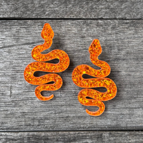 Britney - Orange Glitter - Snake Earrings