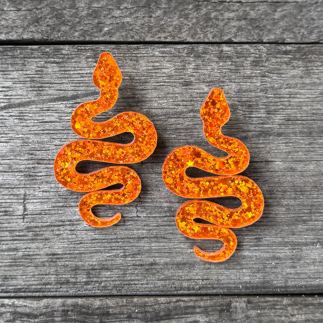 Britney - Orange Glitter - Snake Earrings