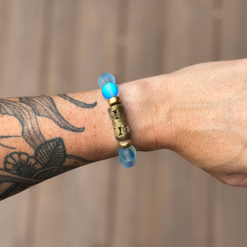 Beaded Bracelet - Blue Glass with African Brass