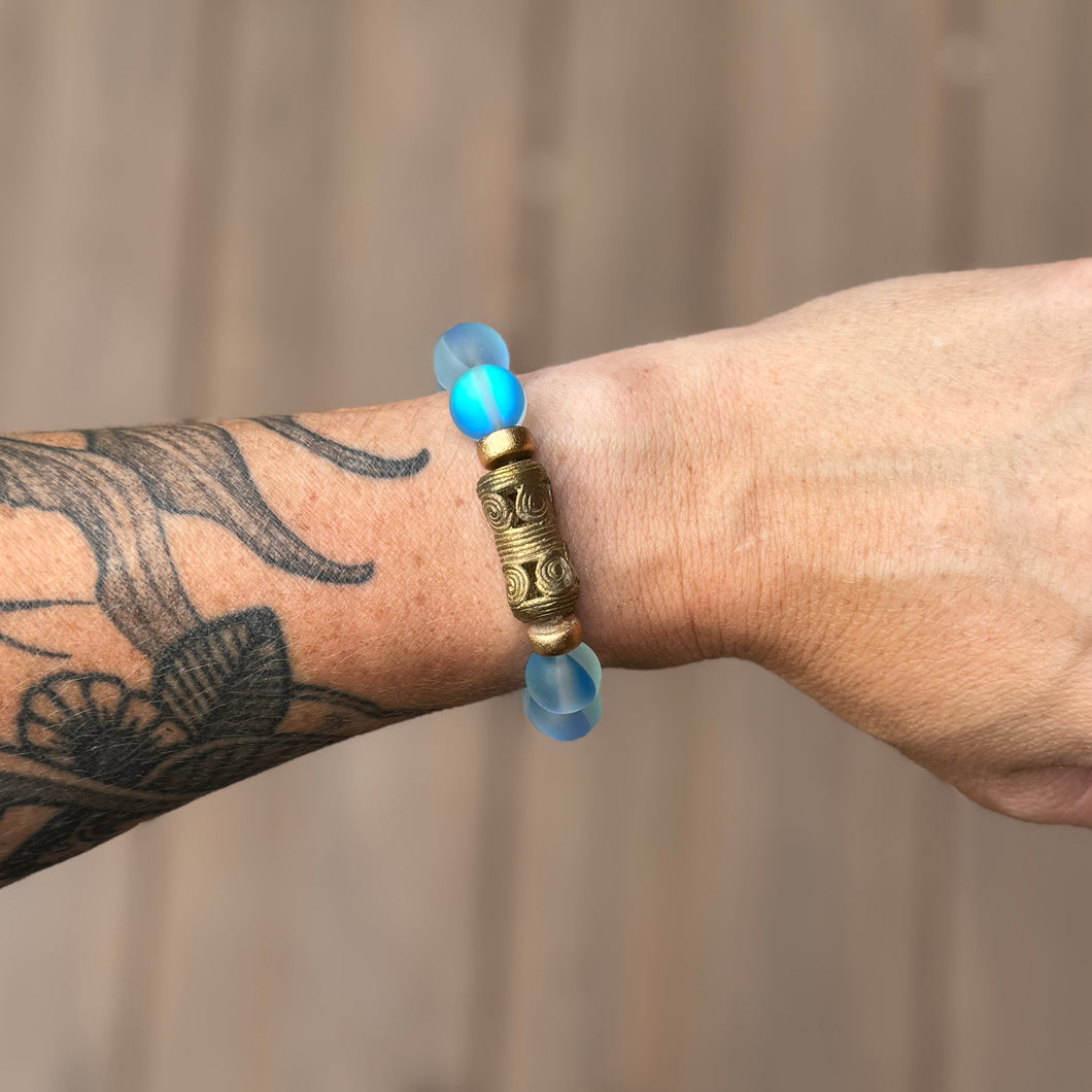Beaded Bracelet - Blue Glass with African Brass