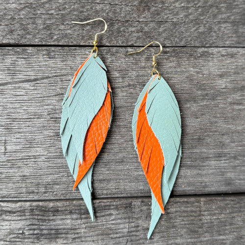 Wings of an Angel - Small - Minty Sage + Orange - Leather Earrings
